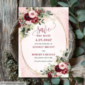 Elegant Boho Burgundy Blush Gold Floral Save Date 招待状