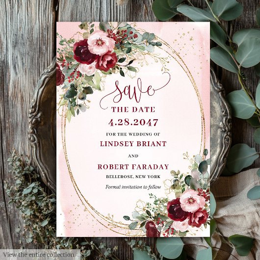 Elegant Boho Burgundy Blush Gold Floral Save Date 招待状