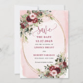 Elegant Boho Burgundy Blush Gold Floral Save Date 招待状 (正面)
