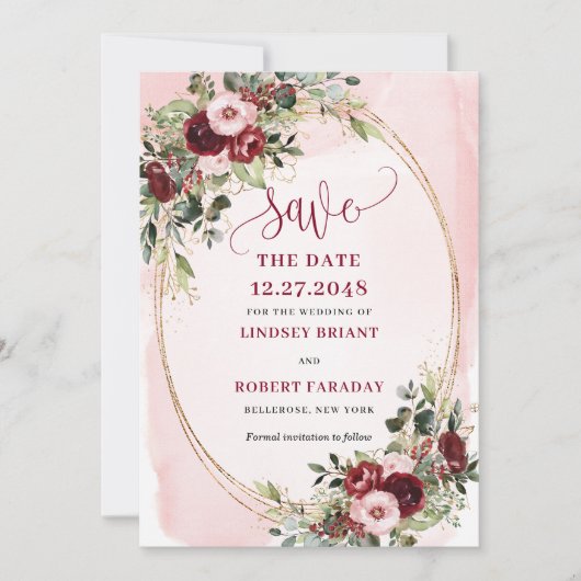 Elegant Boho Burgundy Blush Gold Floral Save Date 招待状 (正面)
