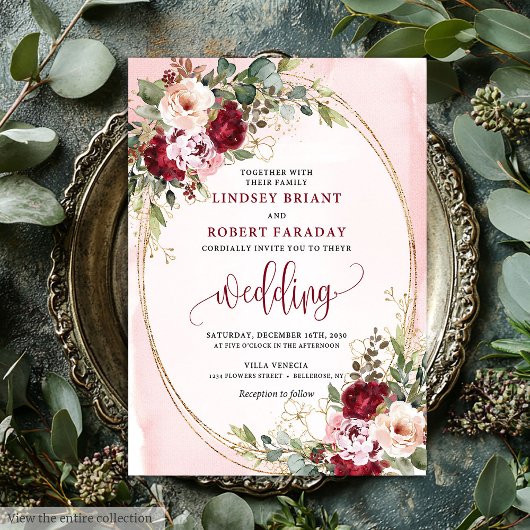 Elegant Boho Burgundy Blush Gold Floral Wedding  招待状