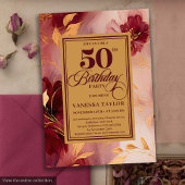 Elegant Boho Burgundy Blush Gold Roses 50th Bday 招待状