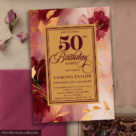 Elegant Boho Burgundy Blush Gold Roses 50th Bday 招待状