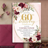 Elegant Boho Burgundy Blush Roses 60th Birthday 招待状