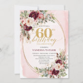 Elegant Boho Burgundy Blush Roses 60th Birthday 招待状 (正面)