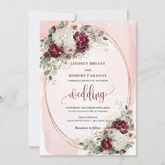 Elegant Boho Burgundy Blush Wedding Invitation 招待状 (正面)