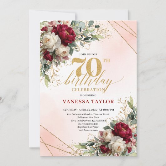 Elegant Boho Burgundy Floral 70th Birthday Invite 招待状 (正面)
