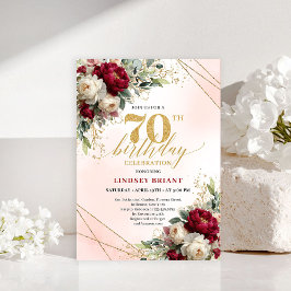 Elegant Boho Burgundy Floral 70th Birthday Invite 招待状
