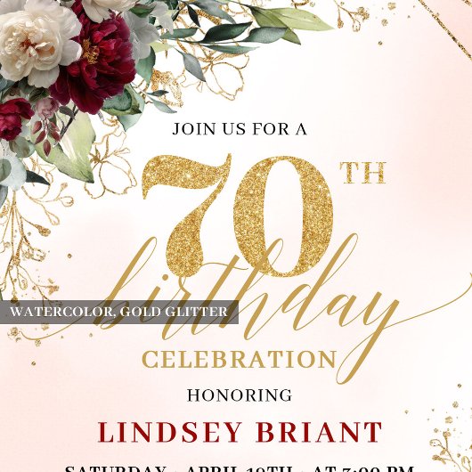 Elegant Boho Burgundy Floral 70th Birthday Invite 招待状