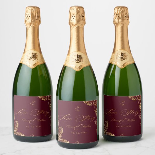 Elegant Boho | Burgundy Gold Autumn Wedding スパークリングワインラベル (ボトル)