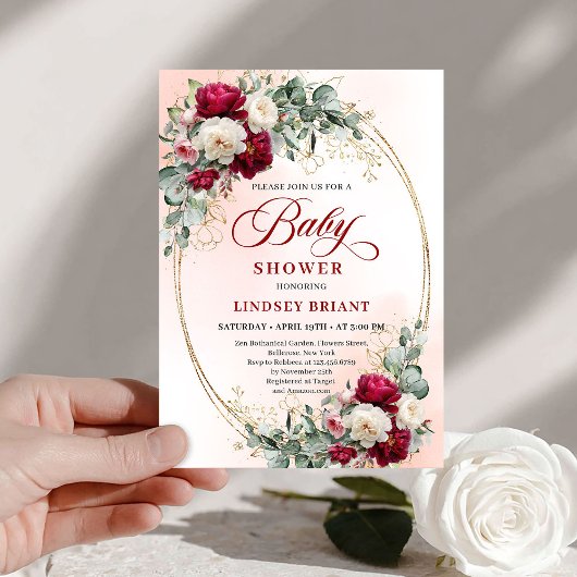 Elegant Boho Burgundy Gold Baby Shower Invitation 招待状