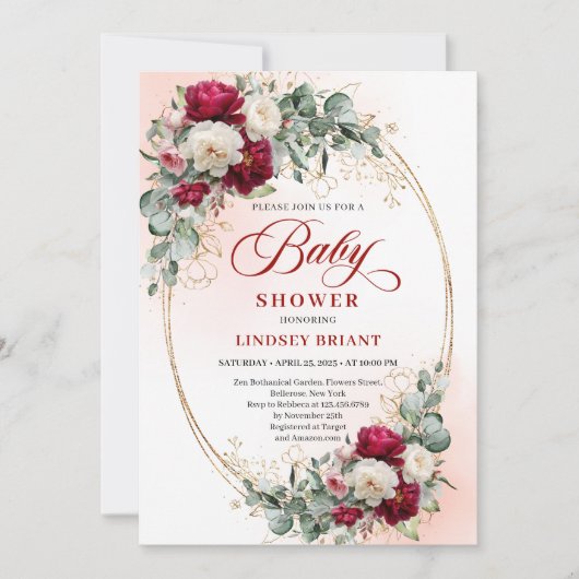 Elegant Boho Burgundy Gold Baby Shower Invitation 招待状 (正面)