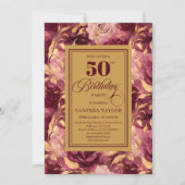 Elegant Boho Burgundy Gold Floral 50th Birthday 招待状 (正面)