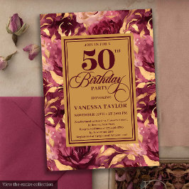 Elegant Boho Burgundy Gold Floral 50th Birthday  招待状