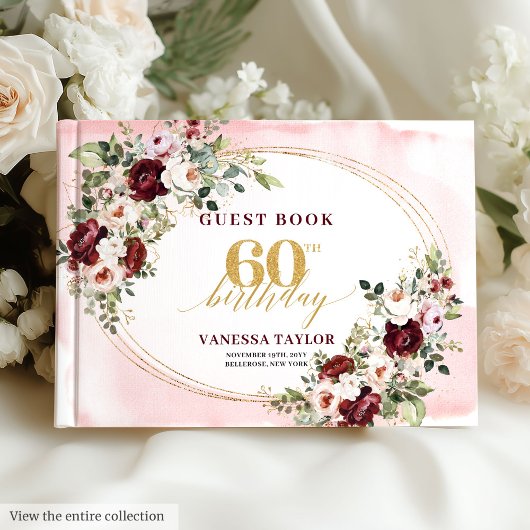 Elegant Boho Burgundy Gold Floral 60th Birthday ゲストブック