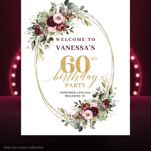 Elegant Boho Burgundy Gold Floral 60th Birthday  タペストリー