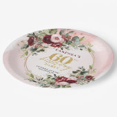 Elegant Boho Burgundy Gold Floral 60th Birthday   ペーパープレート (アングル)