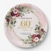 Elegant Boho Burgundy Gold Floral 60th Birthday   ペーパープレート (正面)
