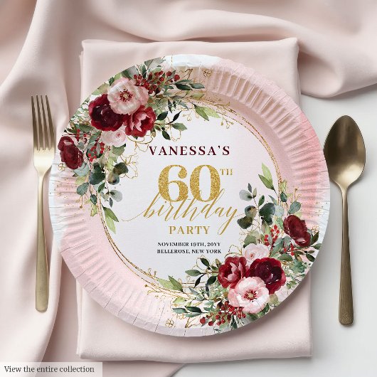 Elegant Boho Burgundy Gold Floral 60th Birthday   ペーパープレート