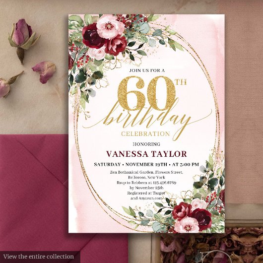 Elegant Boho Burgundy Gold Floral 60th Birthday 招待状