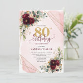 Elegant Boho Burgundy Gold Roses 80th Birthday  招待状 (スタンド正面)