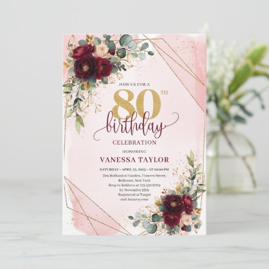 Elegant Boho Burgundy Gold Roses 80th Birthday  招待状 (スタンド正面)