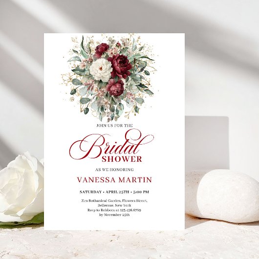 Elegant Boho Burgundy & White Floral Bridal Shower 招待状