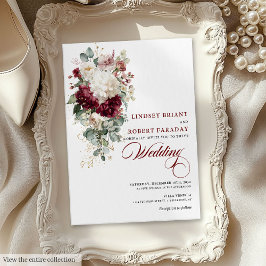 Elegant Boho Burgundy White Floral Wedding Invite 招待状