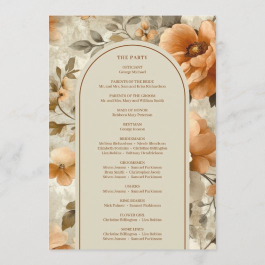 Elegant Boho Burnt Orange Ivory Sage Wedding Day プログラム (裏面)