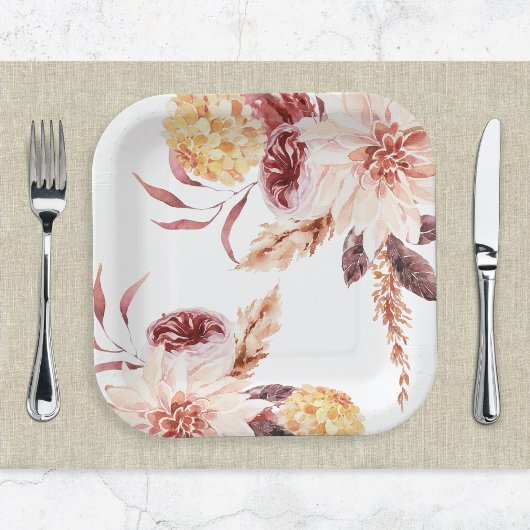 Elegant Boho Chic Watercolor Floral Bridal Shower  ペーパープレート