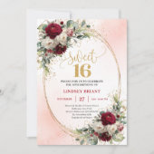 Elegant Boho Dark Red Gold Floral Sweet Sixteen  招待状 (正面)
