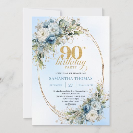 Elegant Boho Dusty Blue Floral Gold 90th Birthday 招待状 (正面)