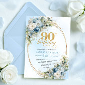 Elegant Boho Dusty Blue Floral Gold 90th Birthday 招待状