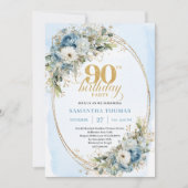 Elegant Boho Dusty Blue Floral Gold 90th Birthday 招待状 (正面)