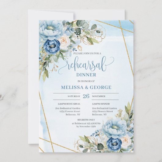 Elegant Boho Dusty Blue Floral Gold Rehearsal 招待状 (正面)