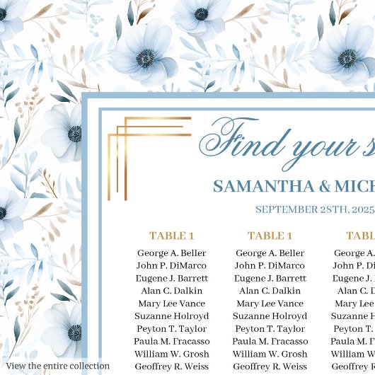 Elegant Boho Dusty Blue Gold Glitter Seating Chart ポスター