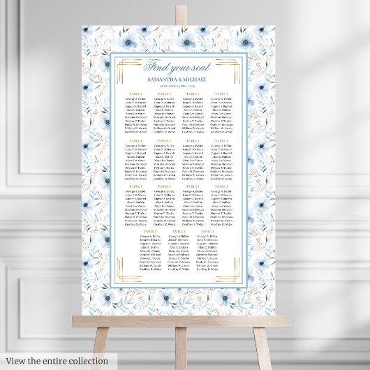 Elegant Boho Dusty Blue Gold Glitter Seating Chart ポスター