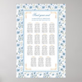 Elegant Boho Dusty Blue Gold Glitter Seating Chart ポスター (正面)