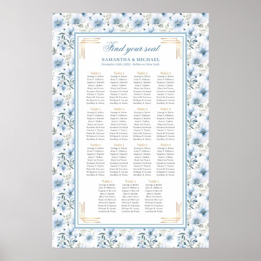 Elegant Boho Dusty Blue Gold Glitter Seating Chart ポスター (正面)