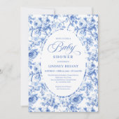 Elegant Boho Dusty Blue Toile de Jouy Baby Shower 招待状 (正面)