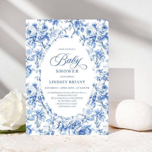 Elegant Boho Dusty Blue Toile de Jouy Baby Shower 招待状