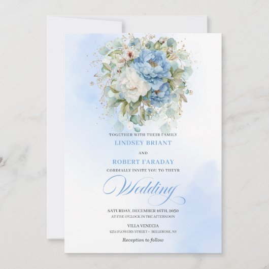 Elegant Boho Dusty Blue White Peony Gold Wedding 招待状 (正面)