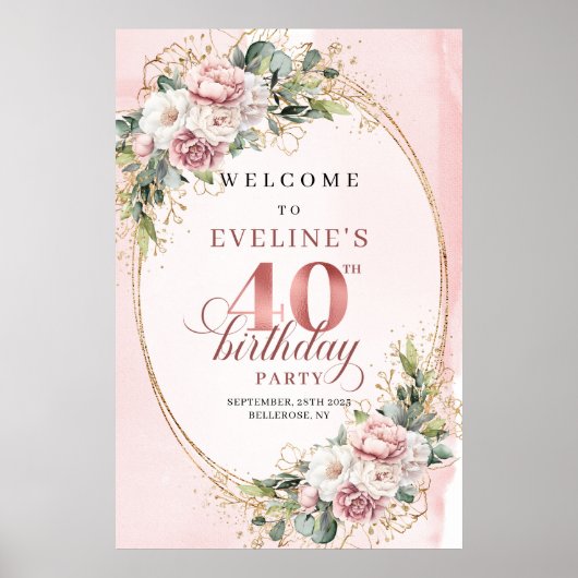 Elegant Boho Dusty Pink Greenery 40th Birthday   ポスター (正面)