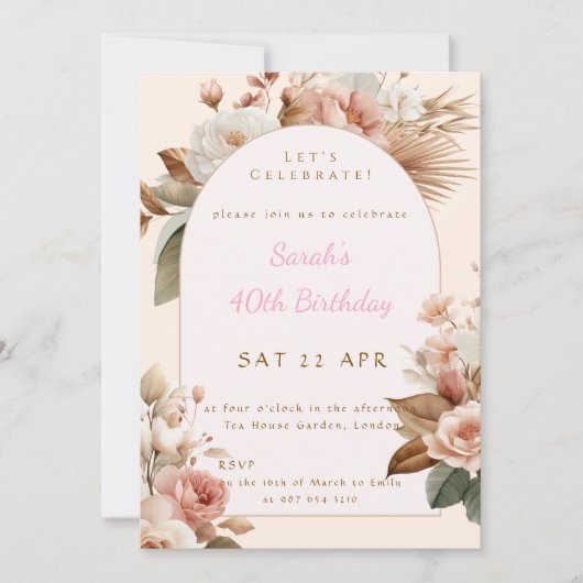 Elegant Boho Floral Birthday Invite 招待状 (正面)