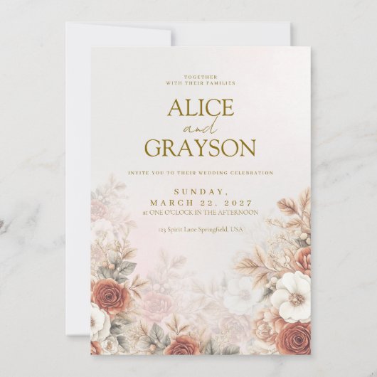 Elegant Boho Floral Cream Pink Modern Wedding 招待状 (裏面)