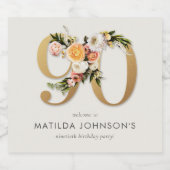 Elegant Boho Floral Gold Foil 90th Birthday スパークリングワインラベル (シングルラベル)