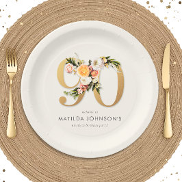 Elegant Boho Floral Gold Foil 90th Birthday ペーパープレート