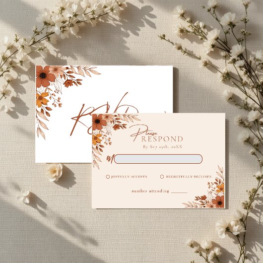 Elegant boho Floral Hand-Drawn  Wedding RSVP ノートカード