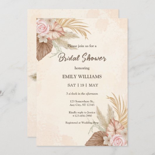Elegant Boho Floral Pampas Grass Bridal Shower 招待状 (正面/裏面)
