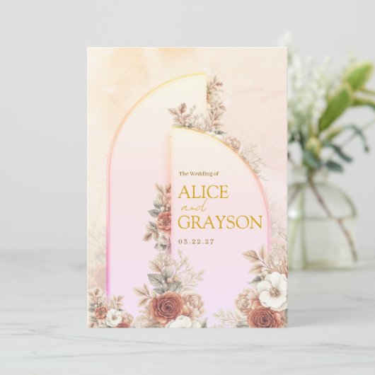 Elegant Boho Floral Purple Pink Modern Wedding 招待状 (スタンド正面)